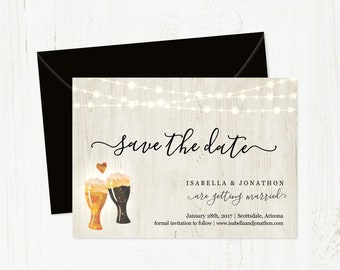 Beer Brewery Save the Date Card Printable Template - Rustic Pint Glass Toast on Wood | Easy Editable | Instant Download Digital File 5x7 PDF