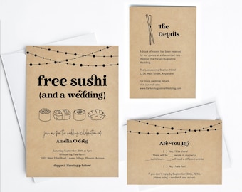 Funny Sushi Wedding Invitation Template, Free Sushi Fun Printable Invite Details RSVP Set, Kraft Paper Instant Download Digital Files Suite