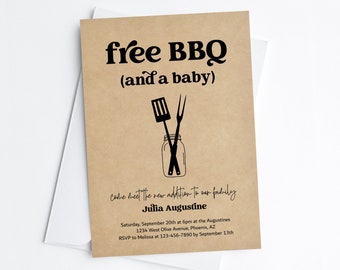 BBQ New Baby Party Invitation Template, Printable Fun Funny Free BBQ Meet & Greet, Sip and See Welcome Invite Evite Download Digital File