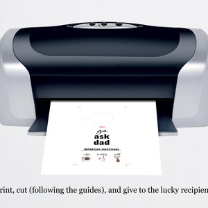 Puede incluir: Tarjeta imprimible con el texto "go ask dad" y un coraz&oacute;n. La tarjeta tiene una lista de "Excepciones importantes" con iconos.