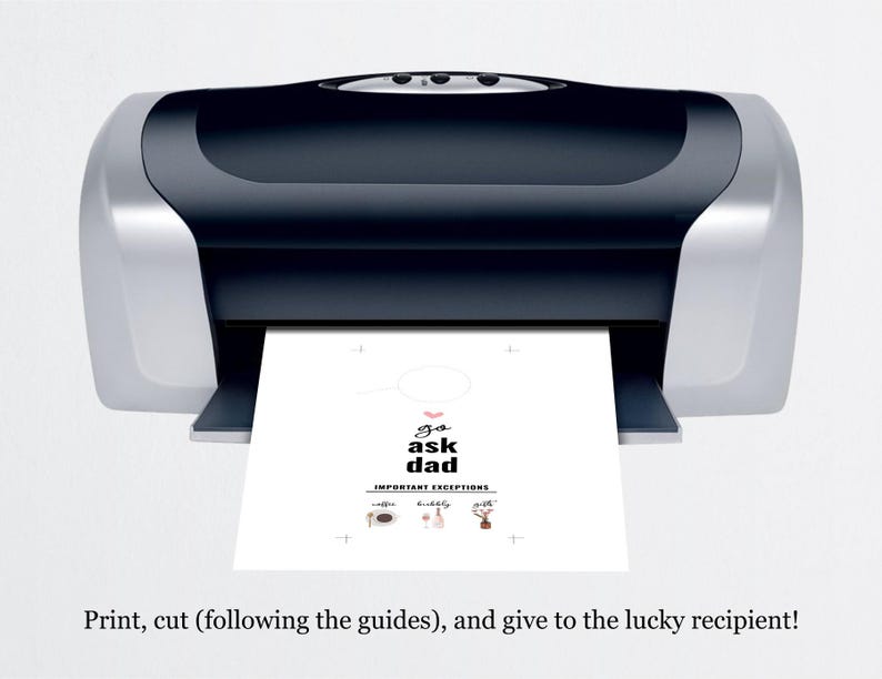 Puede incluir: Tarjeta imprimible con el texto "go ask dad" y un coraz&oacute;n. La tarjeta tiene una lista de "Excepciones importantes" con iconos.