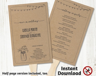 Printable Wedding Program Fan Template - Rustic Mason Jar, Fairy Light, Baby Breath, Kraft Paper - PDF Instant Download Booklet - Half page