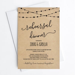 Modelo imprimível clássico do convite do jantar de ensaio - papel kraft elegante das luzes da corda convida & Evite | Download instantâneo de arquivo digital