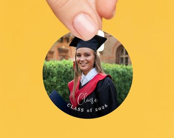 Printable Graduation Photo Sticker Template, Class of 2026 Stickers, Girl Boy Grad Party Favor Labels, Round Instant Download Digital File