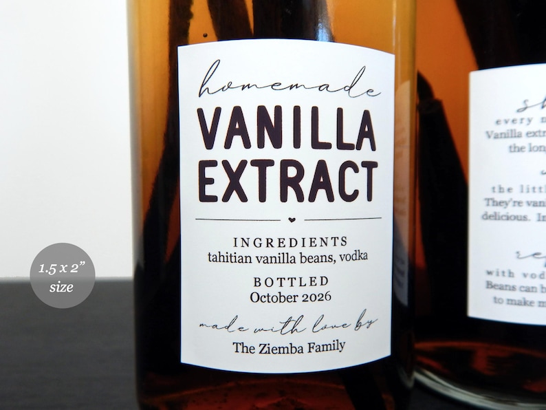 May include: A rectangular white label on an amber glass bottle containing vanilla extract. The label text reads: homemade VANILLA EXTRACT, INGREDIENTS tahitian vanilla beans, vodka, BOTTLED October 2026, made with love by The Ziemba Family. Size 3.8 x 5.1 cm.