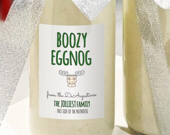 Homemade Eggnog Labels - Set of 15 Personalized Boozy Spiked Spiced Aged Egg Nog Gift Stickers - Water & Oil Resistant