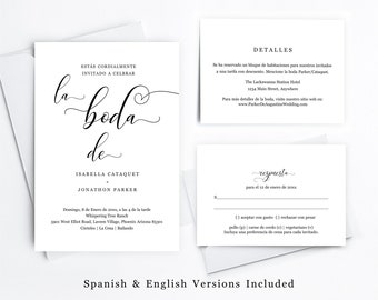 Spanish Wedding Invitation Template, Printable Bilingual Invite, RSVP & Details Card Set, Minimalist Instant Download Digital File PDF Suite