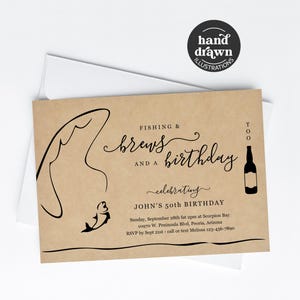 Modèle d'Invitation d'anniversaire pêche & bière, imprimable drôle adulte homme femme pêche inviter Evite en téléchargement numérique 30e 40e 50e 60e