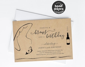 Fishing & Beer Birthday Invitation Template, Printable Funny Adult Man Woman Fishing Party Invite Evite Digital Download 30th 40th 50th 60th