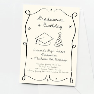 Modèle d'invitation pour l'obtention du diplôme et anniversaire, imprimable dessiné à la main, téléchargement de fête conjointe, fichier numérique, 8e année, 18e anniversaire de l'école secondaire