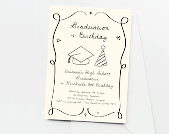 Graduation and Birthday Invitation Template, Printable Hand Drawn Joint Party Download, Digital File, 8th Grade, 18th Birthday High School
