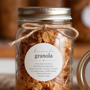 Modelo de etiqueta para granola - Adesivo imprimível para alimentos caseiros, para pote de vidro ou saco, com lacre redondo. Arquivo editável para download em PDF.