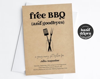 BBQ Going Away Party Invitation Template, Printable Fun Funny Free BBQ Farewell Goodbye Moving Invite Evite Download Digital File Kraft