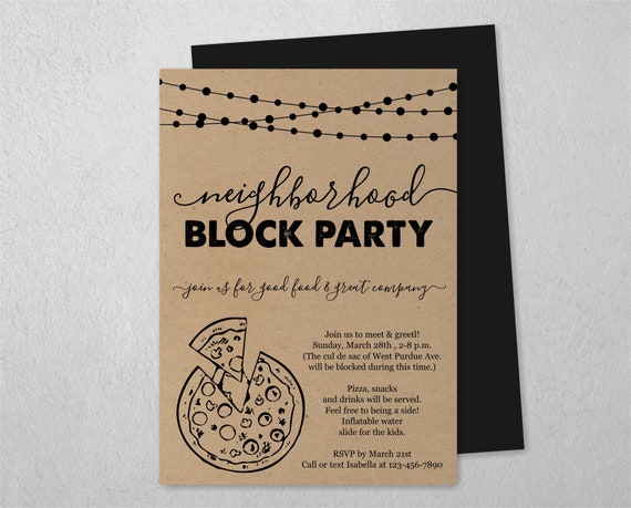 Neighborhood Block Party Invitation Template, Printable Pizza