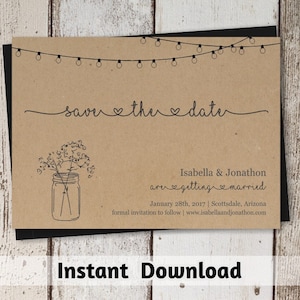 Modello stampabile per biglietto Save the Date - Barattolo di vetro rustico e lucine su carta Kraft / Download istantaneo File digitale DIY PDF - 4x6 e 5x7