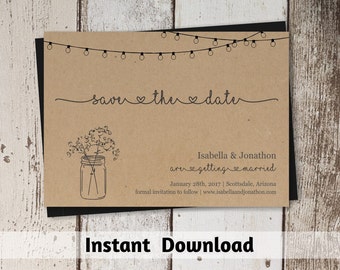 Save the Date Card Printable Template - Rustic Mason Jar & Fairy Lights on Kraft Paper | Instant Download Digital File DIY PDF - 4x6 and 5x7