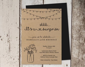 Rustic Surprise Party Invitation Template - Printable Surprise Birthday Invite, Mason Jar, Light - PDF Instant Download Digital File - Women