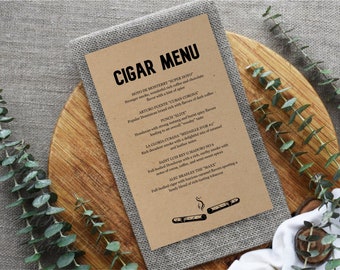 Printable Cigar Menu Template, Cigar Party Menu, Cigar Tasting, Tobacco Shop Bar Lounge, Kraft Paper, PDF Instant Download Digital File
