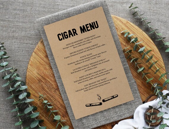tobacco restaurant menu Printable Cigar Menu Template, Cigar Party Menu, Cigar Tasting, Tobacco  Shop Bar Lounge, Kraft Paper, PDF Instant Download Digital File