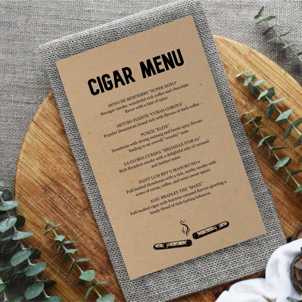 Printable Cigar Menu Template, Cigar Party Menu, Cigar Tasting, Tobacco Shop Bar Lounge, Kraft Paper, PDF Instant Download Digital File