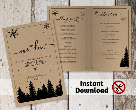 Printable Winter Wedding Program Template Folded Program Etsy