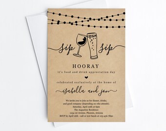 Funny Dinner Party Invitation Template, Printable Sip Sip Hooray Fun Beer Wine Adult Invite Evite, Kraft Paper Instant Download Digital File