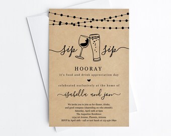 Funny Dinner Party Invitation Template, Printable Sip Sip Hooray Fun Beer Wine Adult Invite Evite, Kraft Paper Instant Download Digital File