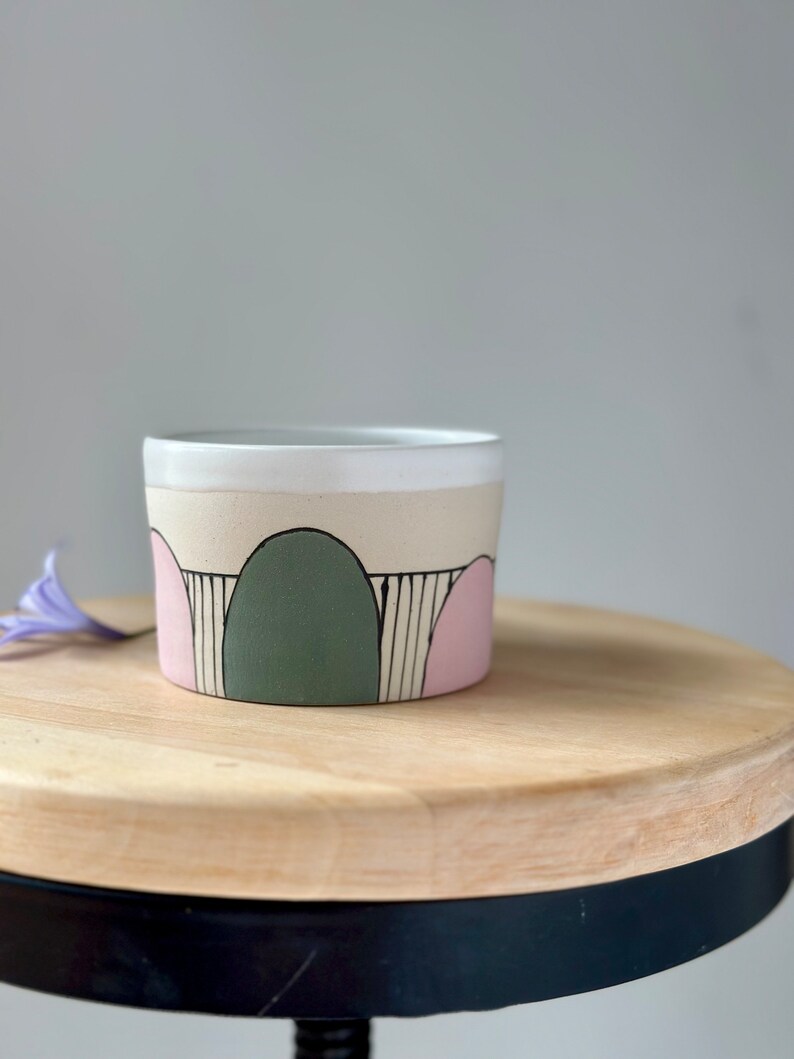 Ceramic Pink and Green Coffee Mug, Stripy Pottery Tea Cup image 6
