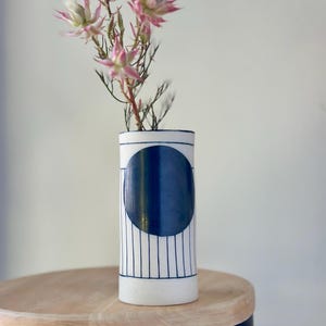 Handmade Blue and White Stripy Ceramic Vase, Pottery Flover Vase