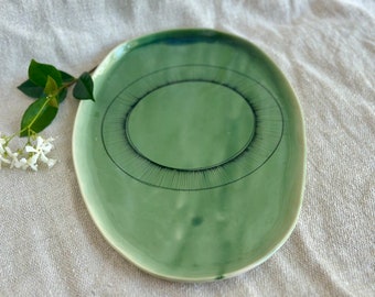 Large Green and Black Ceramic Serving Plate, Handmade Geometric Pottery Platter, Appetizer Tray