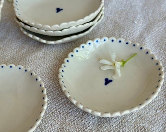 Scalloped Blue Heart Ceramic Bowl, Handmade Pottery Trinket Dish, Jewellery Holder, Ring dish