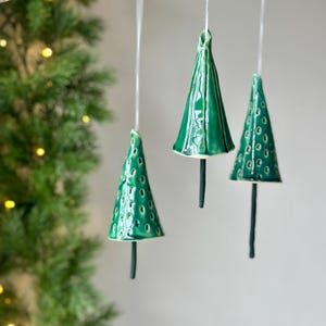 Ceramic Christmas Tree Bell Ornament: Green Carved Decoration