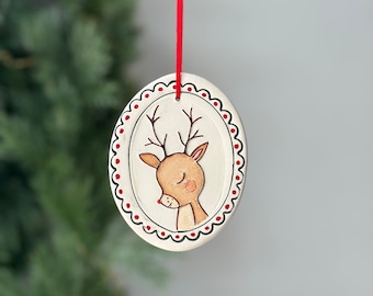 Ceramic Reindeer Ornament, Handmade Christmas Decoration, Christmas Portrait