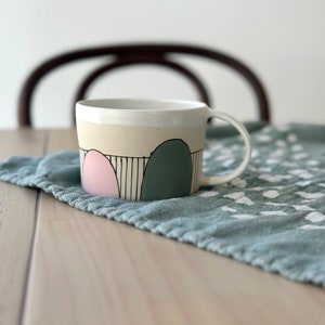 Ceramic Pink and Green Coffee Mug, Stripy Pottery Tea Cup image 2