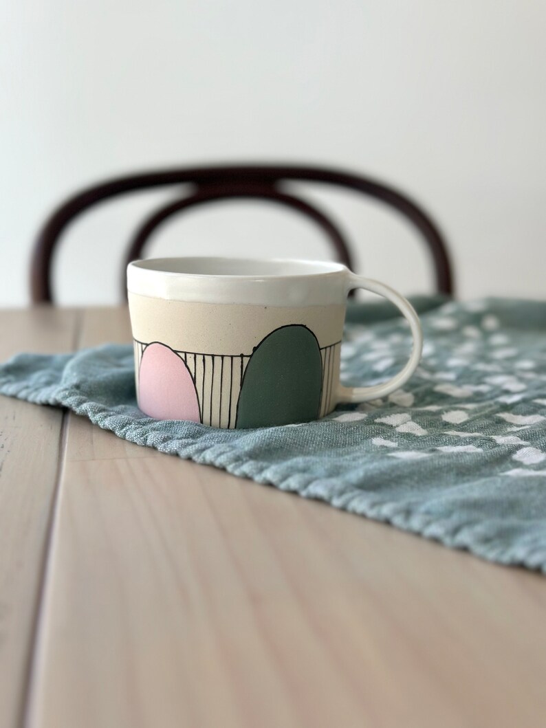 Ceramic Pink and Green Coffee Mug, Stripy Pottery Tea Cup image 2