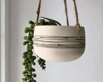 Handmade Ceramic Hanging Planter, White Stripy Pottery Hanging Plant Pot, Plant Holder, Housewarming Gift, Gift For Mum, Best Friend Gift