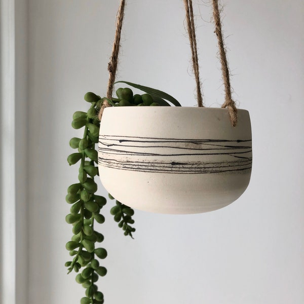 Handmade Ceramic Hanging Planter, White Stripy Pottery Hanging Plant Pot, Plant Holder, Housewarming Gift, Gift For Mum, Best Friend Gift