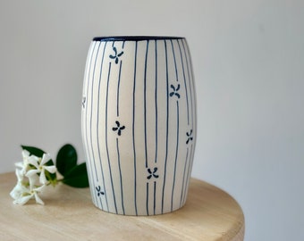 Ceramic Stripy Flower Vase with Tiny Flowers, Handmade Indigo Blue Pottery Vase