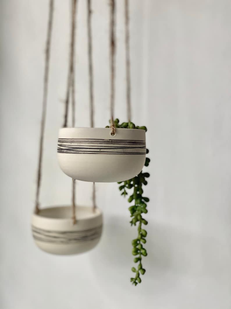 Handmade Ceramic Hanging Planter, White Stripy Pottery Hanging Plant Pot, Plant Holder, Housewarming Gift, Gift For Mum, Best Friend Gift image 2