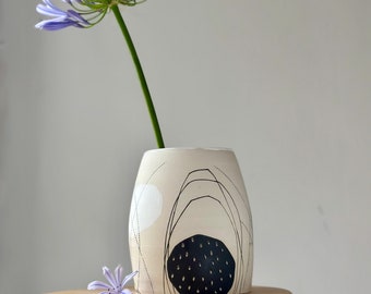 Large Hand painted White and Black Ceramic Vase, Handmade Decorated Pottery Flower Vase, Abstract Decor Vase, Wedding Gift