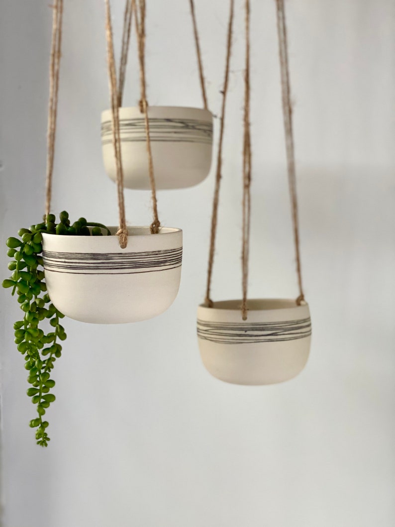 Handmade Ceramic Hanging Planter, White Stripy Pottery Hanging Plant Pot, Plant Holder, Housewarming Gift, Gift For Mum, Best Friend Gift image 4