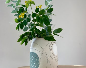 Handmade Green and White Geometric Ceramic Vase, Pottery Flower Vase, Geometric Decor Vase