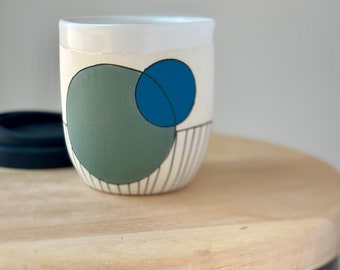 Large Ceramic Green and Blue Take Away Coffee Mug, Handmade Stripy Pottery Keep Cup with Silicone Lid