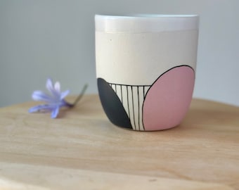 Large Ceramic Black and Pink Travel Mug With Silicone Lid, Handmade Pottery Takeaway Coffee Mug