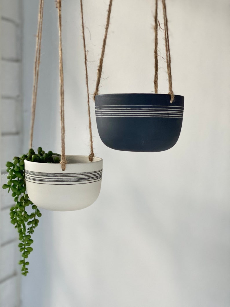 Handmade Ceramic Hanging Planter, White Stripy Pottery Hanging Plant Pot, Plant Holder, Housewarming Gift, Gift For Mum, Best Friend Gift image 6