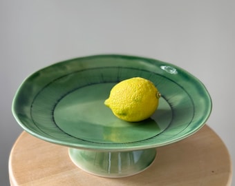 Large Green Ceramic Pedestal Bowl, Handmade Decorated Pottery Footed Dish, Decorated Fruit Bowl