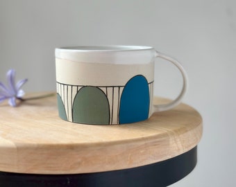 Large Blue and Green  Ceramic Coffee Mug, Handmade Stripy Pottery Tea Cup