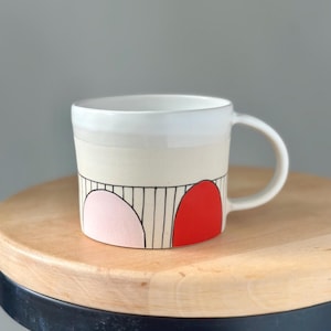 Large Ceramic Red and Pink Mug, Handmade 500ml Stripy Pottery Mug