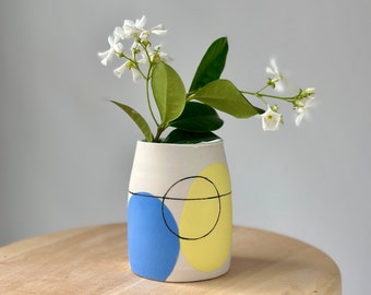 Blue and Yellow Geometric Ceramic Bud Vase, Pottery Flower Vase