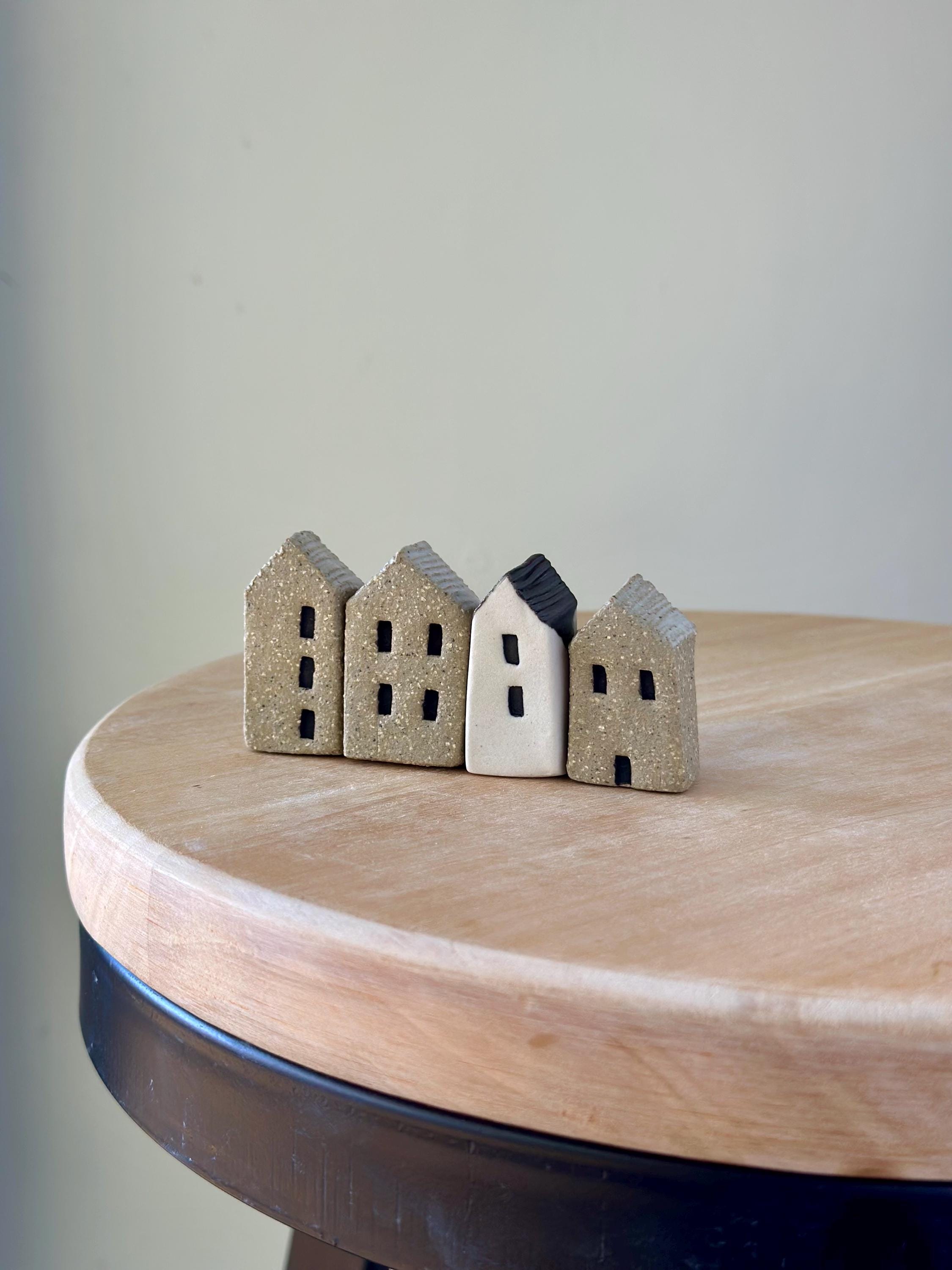 Ceramic Mini House Set: Handmade Pottery Mantel Decor